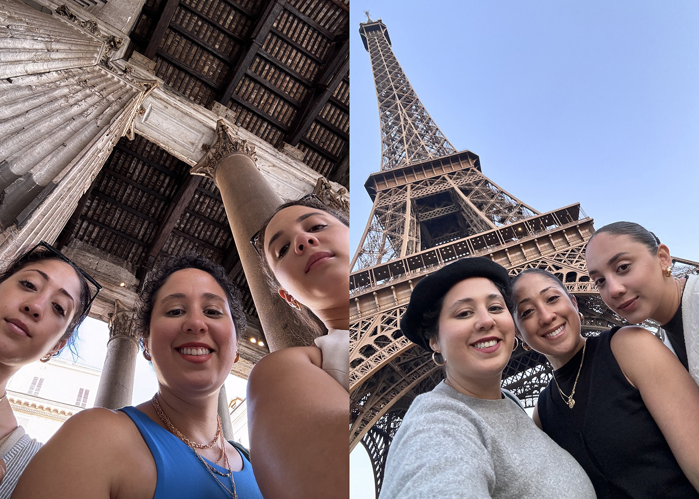 woman under Eiffel Tower and Roman colosseum